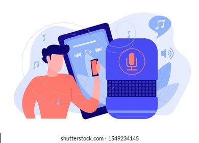 User playing music on smart speaker and mobile phone. Music playback and streaming, voice activated digital assistants for mobile applications concept. Vector isolated illustration.