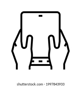 user playing on flexible smartphone screen line icon vector. user playing on flexible smartphone screen sign. isolated contour symbol black illustration