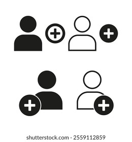 User with plus. Profile addition icon. Member joining symbol. Personal vector shape.