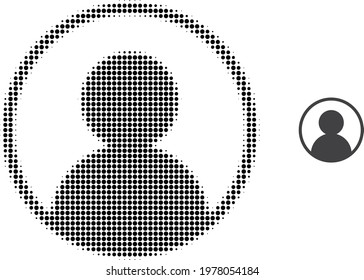 User portrait halftone dot icon illustration. Halftone array contains circle elements. Vector illustration of user portrait icon on a white background. Flat abstraction for user portrait pictogram.