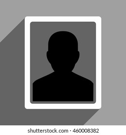 User Portrait long shadow vector icon. Style is a flat user portrait black and white iconic symbol on a gray square background.