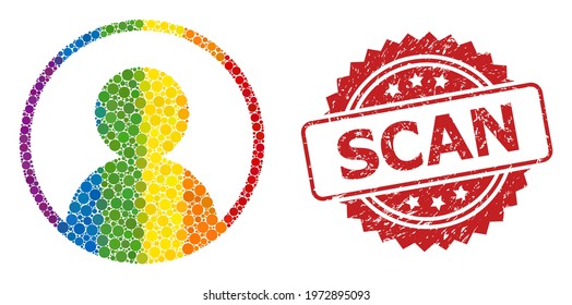 User portrait mosaic icon of circle blots in various sizes and LGBT color tints, and Scan grunge rosette stamp seal. A dotted LGBT-colored User portrait for lesbians, gays, transgenders,