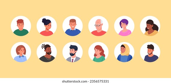 User portraits frames. Multicultural people head with aged and young faces for employee profile or person avatar, isolated different man woman character vector illustration of character icon portrait