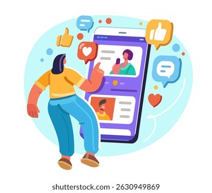 User posting and commenting on social network. Woman uses smartphone for entertainment by viewing internet content