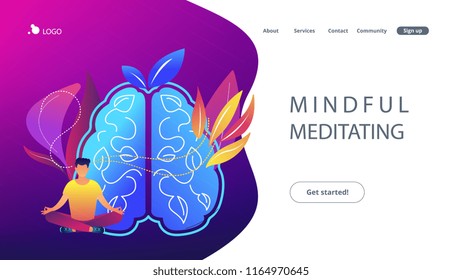 User practicing mindfulness meditation in lotus pose. Mindful meditating concept landing page. Calmness and releasing stress, consciousness and focusing. Vector illustration on ultraviolet background.