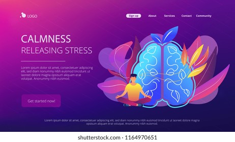 User practicing mindfulness meditation in lotus pose. Calmness and releasing stress concept landing page. Mindful meditating, consciousness and focusing. Vector illustration on ultraviolet background.