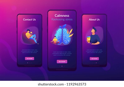 User practicing mindfulness meditation in lotus pose. Calmness and releasing stress concept landing page. Mindful meditating, consciousness and focusing. UI UX GUI app interface template.