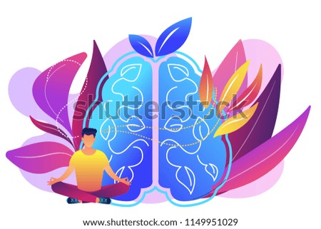 User practicing mindfulness meditation in lotus pose. Mindful meditating, mental calmness and self-consciousness, focusing and releasing stress concept, violet palette. Vector isolated illustration.