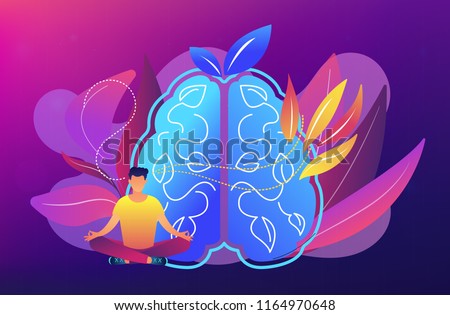 User practicing mindfulness meditation in lotus pose. Mindful meditating, mental calmness and self-consciousness, focusing and releasing stress concept. Vector illustration on ultraviolet background.