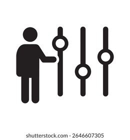 Ícone de preferência do usuário com uma pessoa ajustando controles deslizantes representando personalização pessoal de configurações para uma melhor experiência e gerenciamento vetor ícone de glifo sólido