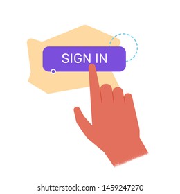 The user press a button with a finger.  Registration on the site, instructions, call for help. Vector illustration with hand for landing pages.