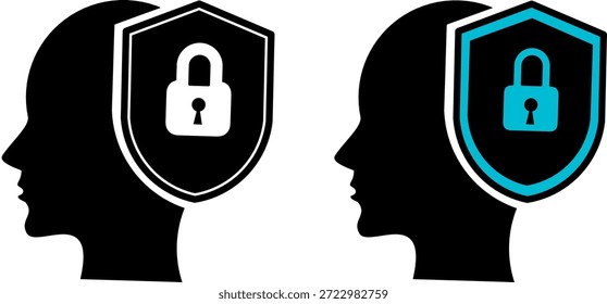 User privacy icons with head profile and lock shield. Cyber security protection concept in black and blue duotone