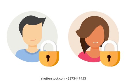 User privacy login lock icon flat cartoon graphic, personal digital cyber security technology illustration set, locked closed profile account member access permission, internet web safety tech image