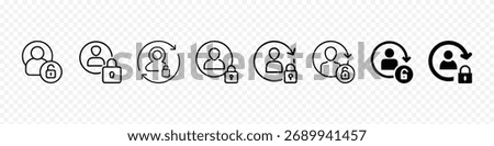 User Privacy and Secure Profile Line Icons Vector Set – User Lock, Unlock, Account Protection, Cybersecurity, GDPR, Data Safety and Personal Information Security
