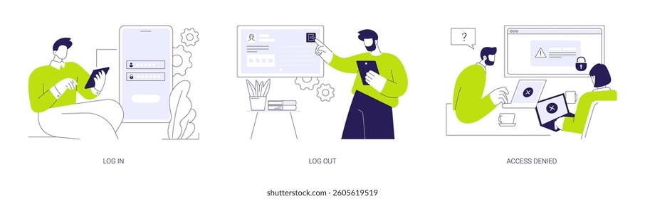 User profile access abstract concept vector illustration set. Log in on computer, log out button on the screen, sign out of account, access denied notification, wrong password abstract metaphor.