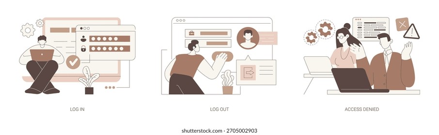 User profile access isolated cartoon vector illustrations set. Log in on computer, log out button on the screen, sign out of account, access denied notification, wrong password vector cartoon.