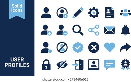 User profile and account icons vector set in flat blue style, including user avatar, add friend, remove user, edit, settings gear, contacts, magnifying glass, share, email, bell, block symbol, check badge, cross, heart, reply arrow, lock, eye with slash, login, logout, id card, chat bubble and cog with check, ideal for dashboards, apps and websites.