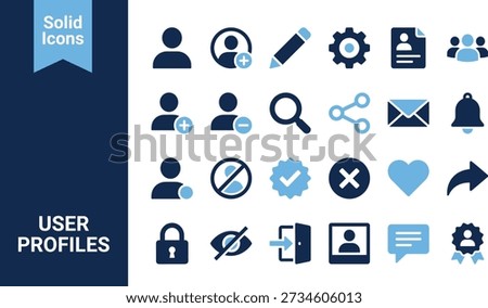 User profile and account icons vector set in flat blue style, including user avatar, add friend, remove user, edit, settings gear, contacts, magnifying glass, share, email, bell, block symbol, check badge, cross, heart, reply arrow, lock, eye with slash, login, logout, id card, chat bubble and cog with check, ideal for dashboards, apps and websites.