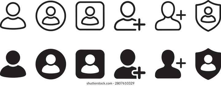 User Profile and Account Interface Icon Set, Line and Solid Avatar Glyphs with Add User and Security Shield SymbolsUser Profile and Account Interface Icon Set, Line and Solid Avatar Glyphs with Add User and Security Shield Symbolsuser, avatar, profile, icon, account, person, member, human, silhouette, vector, glyph, line, solid, set, collection, interface, ui, web, app, graphic, design, sign, symbol, element, add, plus, join, friend, security, shield, protect, guard, private, safety, circle, square, button, contact, login, identity