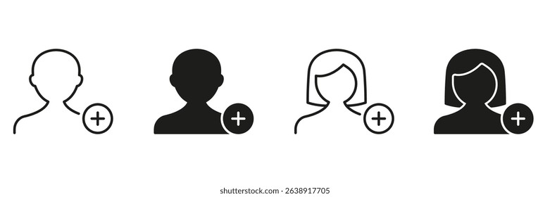 User Profile Addition Icons Set. User Account Creation And Contact Addition Outline And Silhouette Symbol Collection. Social Media And Networking Interface Elements. Isolated Vector Illustration.