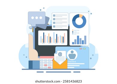 User profile and analytics concept on screen with email notifications, charts and data visuals. social media management, digital marketing and online communication. flat vector illustration.