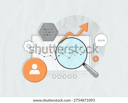 User profile analytics dashboard, social media insights visualization, customer analysis tool, audience engagement metrics graph, user behavior data monitoring, trendy paper collage illustration