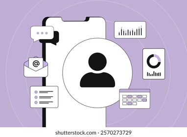 User profile and analytics on smartphone screen with email notifications, charts and data visuals. Perfect for social media management, digital marketing and online communication illustration concept