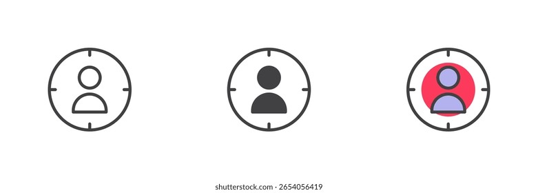 Conjunto de iconos de estilo diferente de avatar de perfil de usuario. Línea, sólido y colorido icono de Vector de contorno relleno. Símbolo de audiencia objetivo. Ilustración de la persona del Vector.