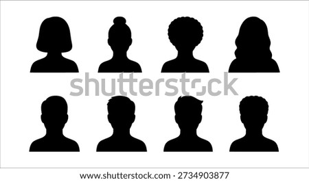 User profile avatar icon set. People, person, male and female character silhouettes. Business headshot and account user symbols. Vector illustration isolated on white background.