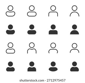 Conjunto de iconos de avatar de perfil de usuario. Avatar de usuario de línea y glifo. Siluetas personalizadas que incluyen la Colección de símbolos de figuras masculinas, femeninas y de Profesional. Ideal para redes sociales y redes. Vector