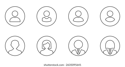 User Profile Avatar Line Icon Set. Basic People Account Avatars, Rounded User Interface Portraits, Male and Female Faces Outline Symbol Collection. Editable Stroke. Isolated Vector Illustration.