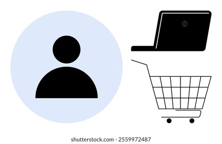 User profile in a blue circle, black laptop, and shopping cart. Ideal for e-commerce, digital marketing, online shopping, user profiles, and web design. Simplistic vector style with minimalistic