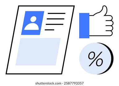 User profile card alongside thumbs-up and percentage icons. Ideal for social media, user feedback, profile creation, rating systems, online reviews, customer satisfaction, digital identity. Line