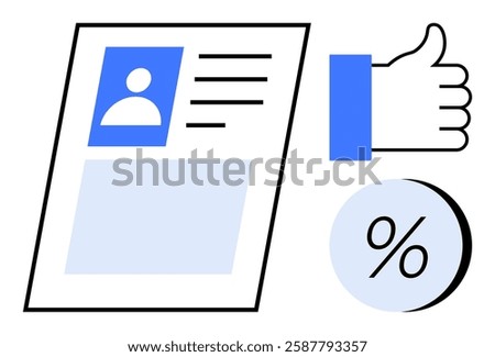 User profile card alongside thumbs-up and percentage icons. Ideal for social media, user feedback, profile creation, rating systems, online reviews, customer satisfaction, digital identity. Line