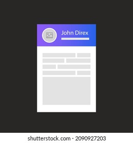 The user profile card for the website. Web interface template. User interface. Vector illustration.