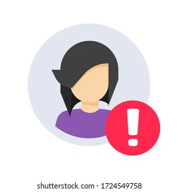 User profile caution or important notice identification vector icon, personal fake account or fraud risk data alert notification vector flat symbol, web person id safety message isolated