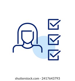 Perfil de usuario con marcas de verificación. Candidato a empleo que cumple todos los requisitos. Mujer con pelo largo. Icono de trazo de píxeles perfecto, modificable
