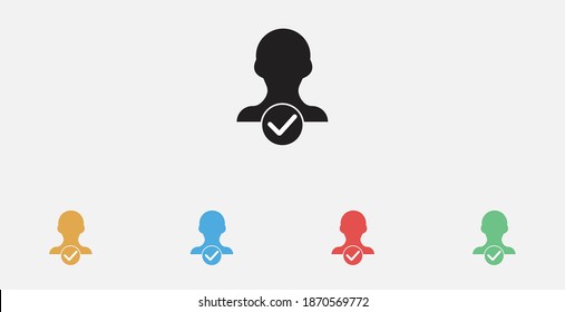 Perfil de usuario con icono de marca de verificación. Aprobar icono vectorial de usuario. Icono aprobado del perfil. Marcar. Conjunto de coloridos iconos de diseño plano