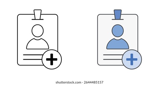 Ícone de criação de perfil de usuário com avatar, cartão de identificação e sinal de adição, em estilos de estrutura de tópicos e cores, ideal para ilustrar a configuração da conta, a criação da identidade do funcionário e a integração do usuário em sistemas de TI.