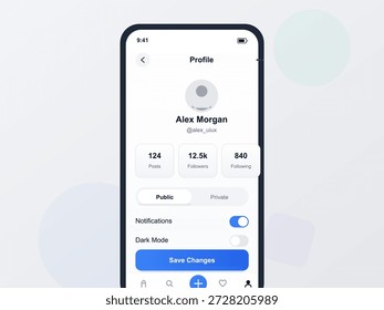 Um perfil de usuário é exibido em uma tela de dispositivo móvel, mostrando posts, seguidores e contagens seguintes, juntamente com configurações para notificações e modo escuro.
