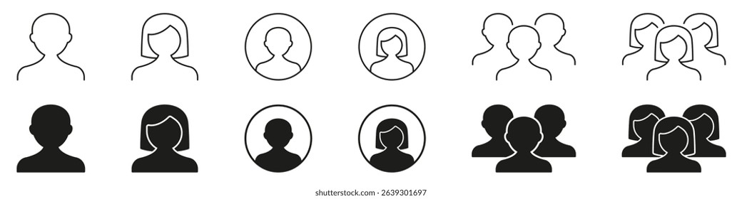 User Profile And Group Icons Set. Personal Identification And Community Outline And Silhouette Symbol Collection. Social Networking And Team Collaboration. Isolated Vector Illustration.