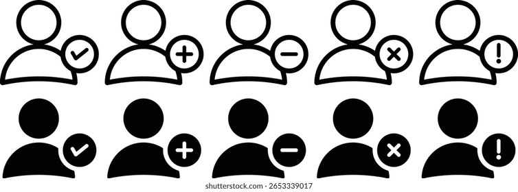 user profile icon. add, remove, approved icon. User profile control sign icon set vector design. New user profile icon. Profile picture. Person symbol
