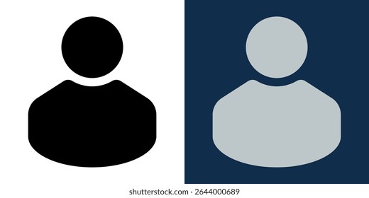 User profile icon in black and gray versions. Simple person avatar symbol for social media, website interface, contact, or login button in minimal flat design, isolated on contrasting backgrounds.