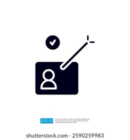 a user profile icon with a checkmark and a pointer, suggesting verification or approval of a user's identity or status. Illustration icon