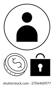 User profile icon with a circle, a dollar coin, and a lock. Ideal for user accounts, financial apps, privacy, security, banking e-commerce online transactions. Line metaphor