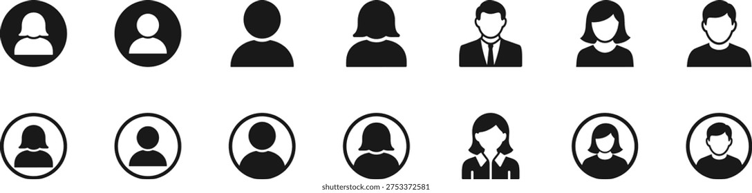 User profile icon collection featuring male and female avatar silhouettes in solid and outline styles. Perfect for social media platforms, website login pages, user interface design, membership systems, account profiles and digital identity graphics.