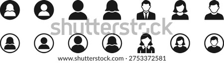 User profile icon collection featuring male and female avatar silhouettes in solid and outline styles. Perfect for social media platforms, website login pages, user interface design, membership systems, account profiles and digital identity graphics.
