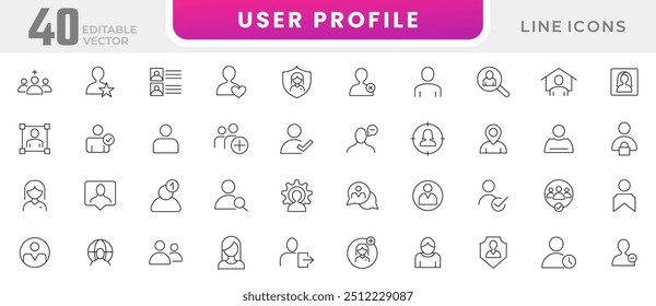 User profile icon collection. people silhouette, male, female, avatar, profile sign, face silhouette, app, person, group, family, human, team, community, friends icon set. UI outline icon pack