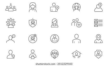 User profile icon collection. people silhouette, male, female, avatar, profile sign, face silhouette, app, person, group, family, human, team, community, friends icon set. UI outline icon pack