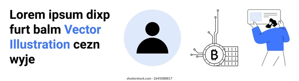Ícone de perfil do usuário, símbolo de criptomoeda em um circuito e pessoa interagindo com um tablet. Ideal para contas de usuário, fintech, moeda digital, tecnologia, educação on-line, aplicativos móveis, negócios